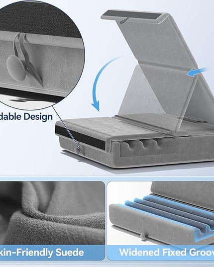 KDD Tablet Pillow Holder, Foldable iPad Stand for Lap, Bed and Desk -Tablet Soft Pad Dock with Pocket & Stylus Mount Compatible with iPad Pro 12.9, 10.5, 9.7 Air Mini 6 5 4 3, Galaxy Tab, E-Reader