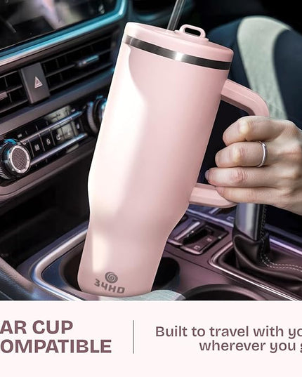 34HD 40 oz Stainless Steel Tumbler - Leakproof Insulated Water Bottle with Handle, Magnetic Lid and Flexible Straw - Iced for 48 Hours – Perfect for Men, Women, Birthday Gift, Pink - Rose Dust