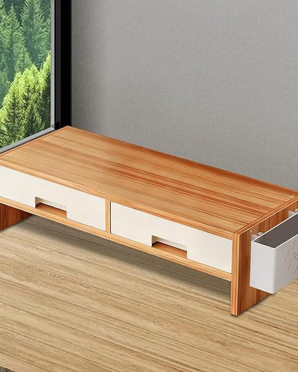 Desk Monitor Stand Riser, Double Drawer Ergonomic Organizer, Computer Desk Riser for Monitors and Accessories, Durable Wood Material, Family Friends Home Offices Indoor Study Bedroom Room Workstation