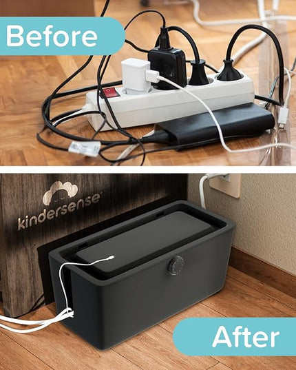 KinderSense® Cable Management Box - Cord Organizer with Child Proof Lock - Cord Hider to Conceal Wires,Power Strips from TV,Computer,Desk and Babies - 12 X 5.25 x 5.25 (Black)
