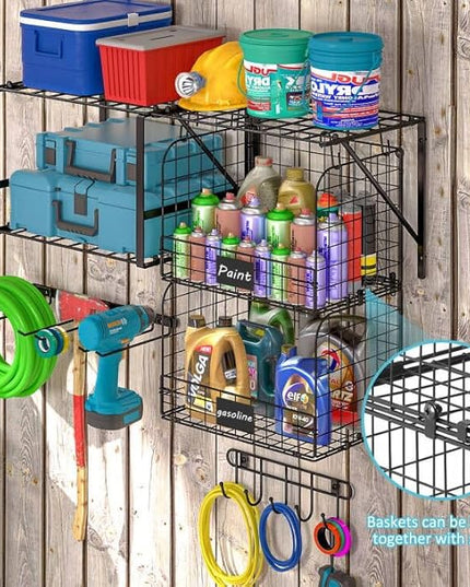 Garage Shelf Wall Mounted with Wire baskets, Heavy Duty Garage Wall Shelving with Garden Tool Rack and Hooks, Wire Shelf Baskets Tool Organizer for Home Garden Yard Organization and Storage