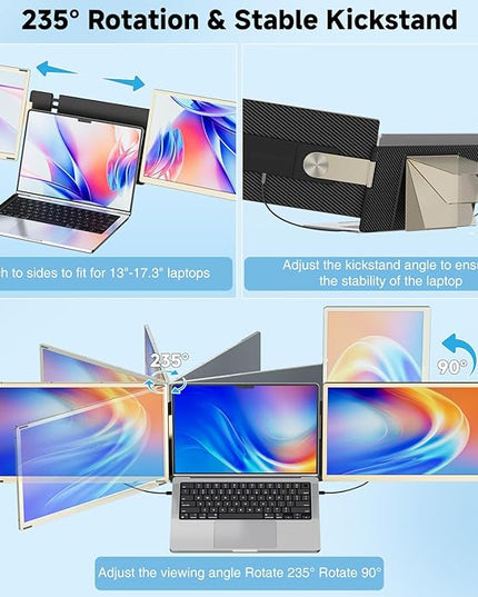 KEFEYA Laptop Screen Extender 15.6", FHD 1080P Portable Triple Monitor for Laptops 13-17.3", 120% sRGB 235° Rotation Detachable Laptop Monitor Extender for Windows/Mac/Dex/Chrome/Surface, Plug n Play