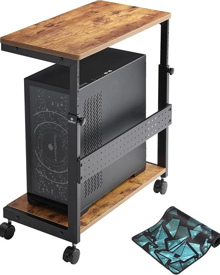 EUREKA ERGONOMIC PC Stand Computer Cart, Height Adjustable Tower Stand 2-Tier Suit for ATX Case Printer, Metal Rolling Cart on Wheels for Gaming Home Office, Antique Wood