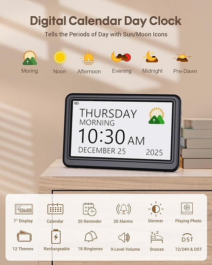 Clock with Day and Date for Elderly Battery Operated, Rechargeable Digital Calendar Clock with 12 Display Modes, 20 Alarms and Medicine Reminders, Dementia Clocks for Seniors Memory Loss Alzheimer's