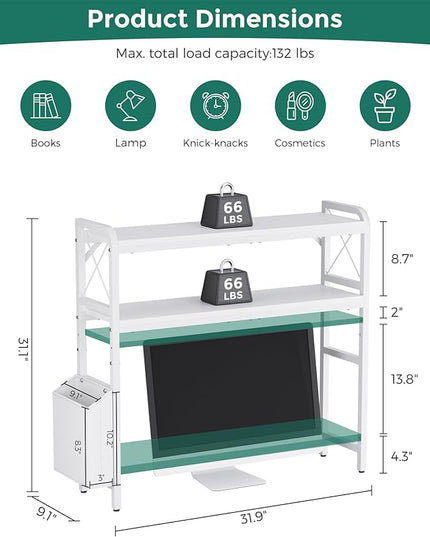 VERSASKY Desktop Shelves, Monitor Stand with Adjustable Shelves and Side Pockets, 2-Tier Desktop Bookshelf Organizer, Large Capacity Display Shelf Rack, Desk Hutch for Home Office, Study Room, White