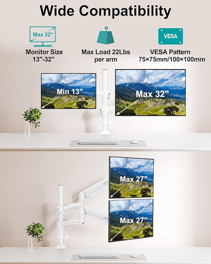 Dual Monitor Stand for Desk, Taller Monitor Arms for 2 Screens up to 32 inch, Ergonomic Adjustable Full Motion Double Computer Monitor Mount, Holds 4.4-22lbs, VESA 75/100mm, White, Freelift