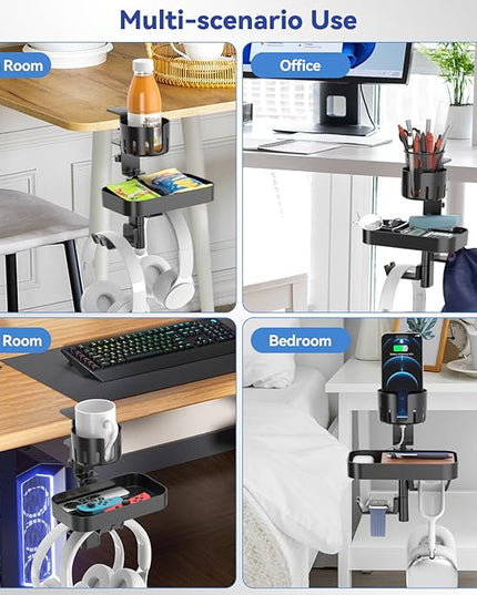 KDD Desk Cup Holder with 2 Headphone Hook - Rotating Pencil Holder & Detachable Drawer Tray - Clamp on Under Desk Headphone Holder Hidden Storage for Office School Home Accessories
