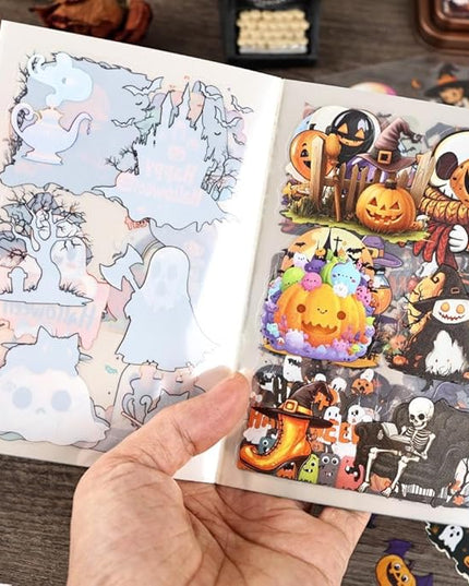 Dwpetzo Transparent Halloween Scrapbook Stickers Book, 20 Sheets Diecut PET Stickers for Journaling, Purple Vintage Spooky Theme for Scrapbooking, Junk Journal Supplies, Planner, Bujo, Crafts Arts