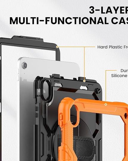 timecity for iPad (A16) 11th/ 10th Generation Case 11''/ 10.9 Inch (2025/2022) - Heavy Duty Protective Cover with Screen Protector, Stand, Shoulder Strap & Pencil Holder | Kids-Friendly - Orange