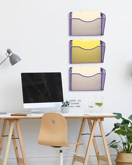 EASEPRES 3 Single Pocket Mesh Hanging File Organizer, Vertical Wall Mounted Magazine File Holder, Mount Basket Mail Paper Document Folder Organizing for Office, Home and School, Purple