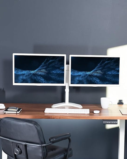 VIVO Dual LED LCD Monitor Mount, Free-Standing Desk Stand for 2 Screens up to 27 Inch, Fully Adjustable Arms with Max VESA 100x100mm, Extra Large Base, White, STAND-V002FW