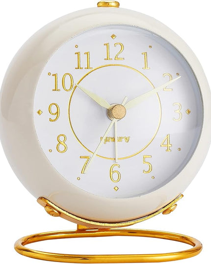 rjuwurv Metal Desk Clock, Retro Bedroom Table Vintage Analog Alarm Clock, Silent Non-Ticking Gold Clock, Bedside Décor(Milk White)