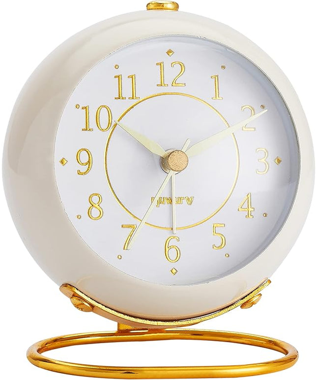 rjuwurv Metal Desk Clock, Retro Bedroom Table Vintage Analog Alarm Clock, Silent Non-Ticking Gold Clock, Bedside Décor(Milk White)