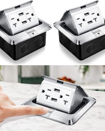 Hoolerry 2 Pack Pop up Floor Electrical Outlet Cover Box Kit with 4.8A USB Charger 20Amp Waterproof Weatherproof Floor Tamper Resistant Outlet Receptacle for Countertop Home (Silver)