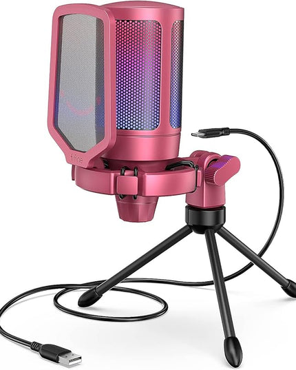 FIFINE AmpliGame PC Gaming Streaming USB Microphone, RGB Desktop Microphone for Computer/Mac/PS4/PS5, Podcast, Recording, TikTok, Game Chat, Condenser Mic with Pop Filter, Shock Mount - Red