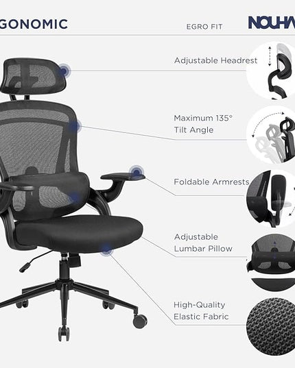 Nouhaus Ergonomic Mesh Office Chair Adjustable Lumbar Support and Flip-up Armrests High Back Headrest, Tilt Function Comfy Computer Gaming Chair Swivel Desk Chairs (Ergo Fit,Dark Black)