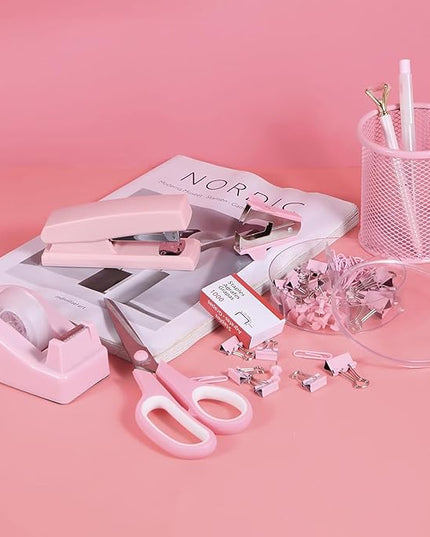 Pink Desk Accessories, Pink Office Supplies Set with Stapler, Tape Dispenser, Staple Remover, Pen Holder, Scissor, Binder/Paper Clips, Ballpoint Pen, Clear Tape and 1000pcs Staples