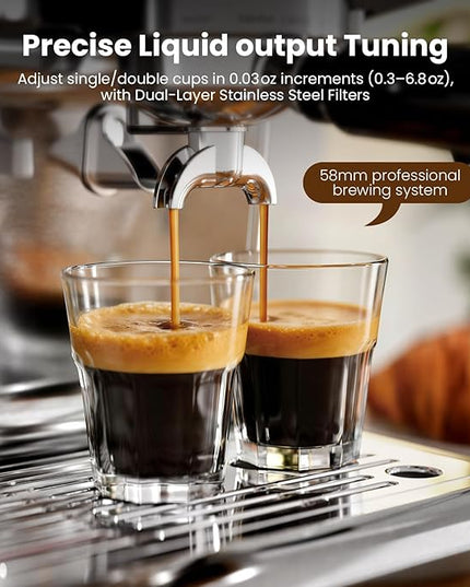 Kismile Dual Boiler Espresso Machine with Grinder, 20 Bar Espresso Maker with Milk Steamer & Hot Water, Dual LED Display, Pressure Gauge, Burr Grinder, coffee Machine for Home&Office, Stainless Steel