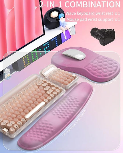Hokafenle 2in1 Combination, Wave Keyboard Wrist Rest and Ergonomic Curvature Mouse Pad Wrist Support for Relieve Wrist Pain, Filled with Soft Cushion Memory Foam, Romantic Pink