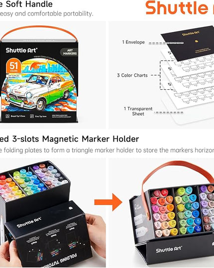 Shuttle Art 51 Colors Alcohol Markers, 50 Colors Dual Tip Art Marker Set Plus 1 Colorless Blender with Marker Case Perfect for Illustration Students Adult Coloring Sketching