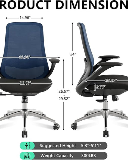 Ergonomic Office Chair, High Back Mesh Desk Chair with Lumbar Support, 360° Swivel & Slide-Adjustable Arms, Tilt Lock and Recline, Breathable Task Chair for Home Office & Gaming (Blue)