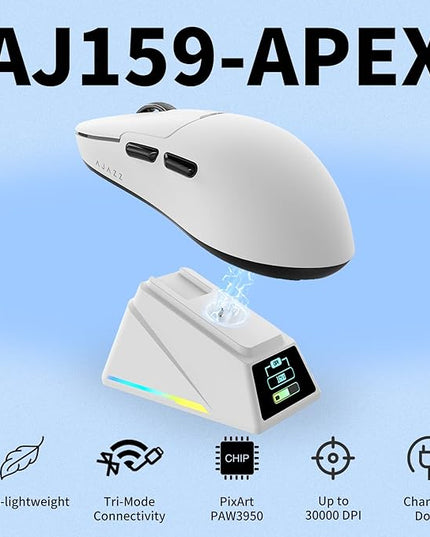 AJAZZ AJ159 APEX Wireless Gaming Mouse 2.4G Wired BT|RGB Magnetic Screen Charging Dock|Lightweight|42K Optical Tracking|400mAh Battery |PAW3950APEX Sensor.