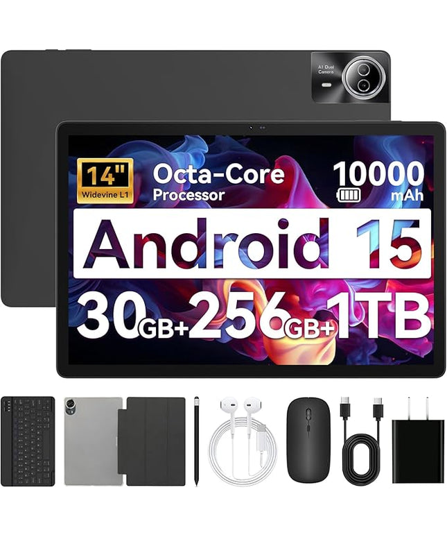 URAO Tablet｜14 inch Android 15 Tablet｜30GB RAM 256GB ROM｜1920 * 1200 IPS FHD｜10000mAh 30W Fast Charging｜Octa-core Processor｜Wi-Fi 6, BT 5.4｜Dual Camera with Keyboard｜Mouse｜Stylus｜Case｜Headphone