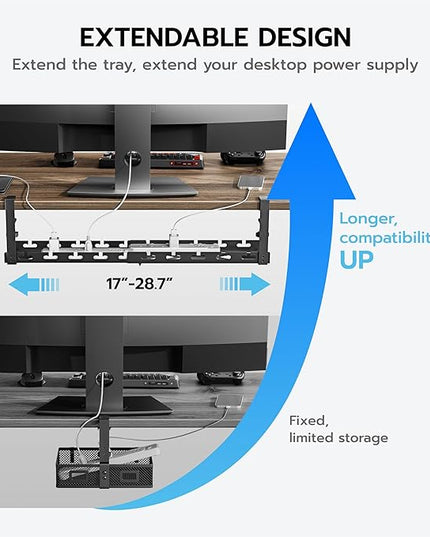 ARES WING 17"-28.7" Extendable Under Desk Cable Management Tray with Cable Slots, Clamp On Cord Organizer Holds Up to 11 lbs, Black Metal Under Desk Storage for Office and Gaming Accessories