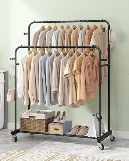 Laiensia Double Rods Garment Rack with Wheels, Clothing Rack for Hanging Clothes,4 Hooks, Multi-functional Bedroom Clothes Rack, Black