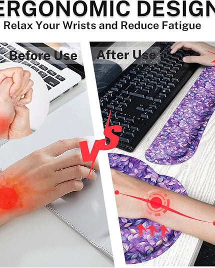 Britimes Purple Leaves Oil Painting Ergonomic Mouse Pad Set with Wrist Rest Non-Slip Rubber Base Wrist Cushion Support and Coasters Mousepad with Wrist Support for Computer Keyboard and Desk