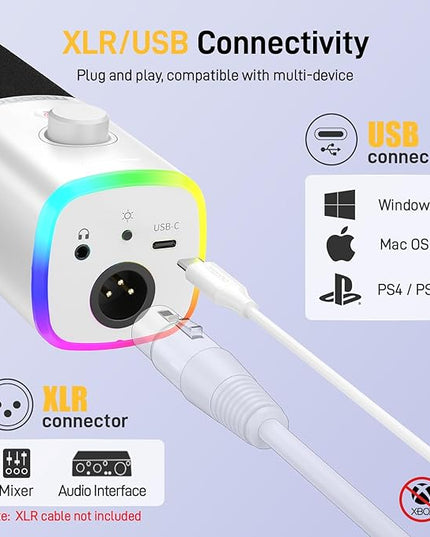MAONO Dynamic Gaming Microphone: USB XLR Dynamic Computer Microphone with Software-RGB PC Mic for Gamer-Podcast Mic for Streaming Recording Studio YouTube Content Creation Online Chat PD100X (White)