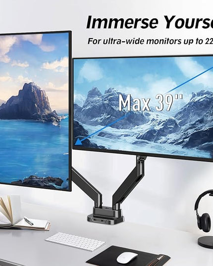 MOUNTUP Dual Monitor Mount Fits Max 39'' Screen, Ultrawide Dual Monitor Desk Mount Hold 4.4-33 lbs, Adjustable Gas Spring Double Monitor Arms, Computer Monitors Stand with USB, VESA Monitors Bracket