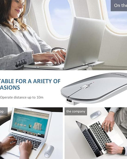 FENIFOX Wireless Bluetooth Mouse, Ultra-Thin Flat and Slim Silent USB-C Rechargeable Travel Mini Portable Mouse for Mac iPad Laptop MacBook Tablet Chromebook - White and Silver