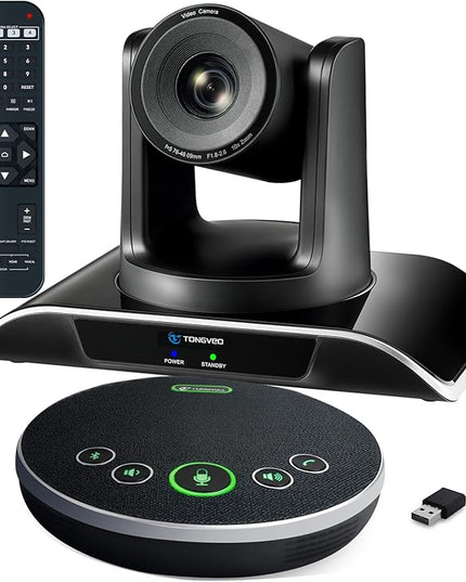 TONGVEO 10x Zoom Conference Room Video Camera System, All-in-One HD 1080P 60fps 10X Optical Zoom USB3.0 HDMI PTZ Camera and Bluetooth Conference Speaker with Microphones Bundle for Medium Room