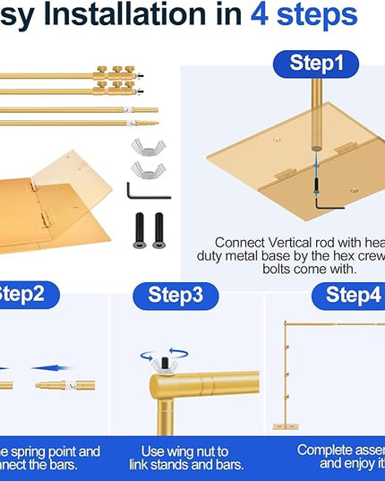 EMART Backdrop Stand, 8.5x10ft Width Adjustable Photography Background Support Poles with Heavy Duty Flat Base, Photo Metal Steel Pipe and Drape Frame Kit for Parties Birthday Wedding - Gold