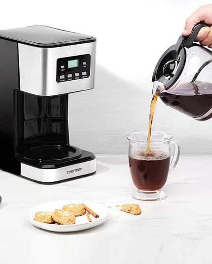 Chefman 12-Cup Programmable Coffee Maker, Electric Brewer, Auto Shut Off, Digital Display w/Auto-Brew Function, Anti-Drip Pot, Reusable Filter for Fresh Grounds, Square Stainless Steel, Glass Carafe