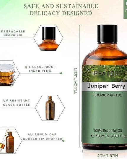 Juniper Berry 3.38fl.oz Essential Oil, PHATOIL Pure Aromatherapy Oils for Diffuser, Humidifier, Perfect for DIY Soap, Candle, Bath Bombs Making(100ml)