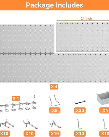 WALMANN Metal Pegboard Kit with Accessories for Wall Garage Tools Storage Pegboard for Garage, Workbench, Modular Peg Board Tool Organizer Board with Hooks(Grey)