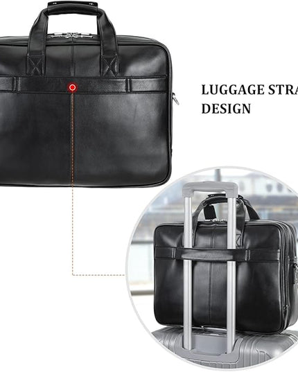 compalo Men's Solid Thick Full Grain Leather 17.3" Laptop Briefcase Classic Messenger Bag Fit Business Travel | Solid, Thick, Full Grain Leather, 17.3", Classic, Fit, Business Travel