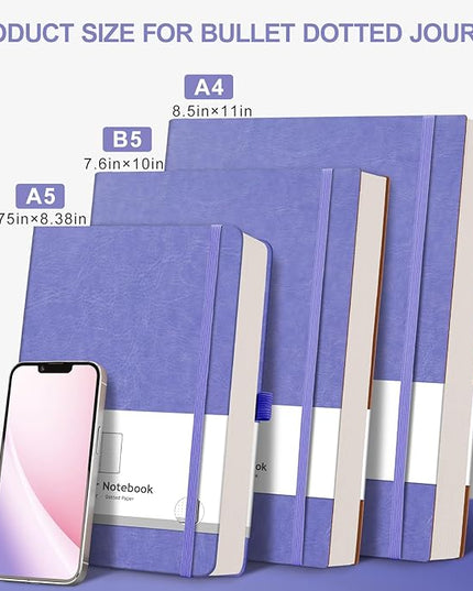 AHGXG Bullet Dotted Journal - 320 Numbered Pages Dot Grid Notebook A5 Thick Journal, 100gsm Thick Dotted Paper, Leather Hardcover,Inner Pocket, 5.75'' × 8.38''-Light Purple