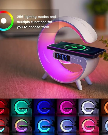 Mini Wireless Speaker with Atmosphere Light, Wireless Charging, Alarm Clock and Bedside Lamp (White)