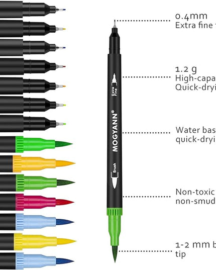 Mogyann Markers for Adult 100 Colors Dual Tip Pens with Fine and Brush Tip for Coloring and Calligraphy Drawing
