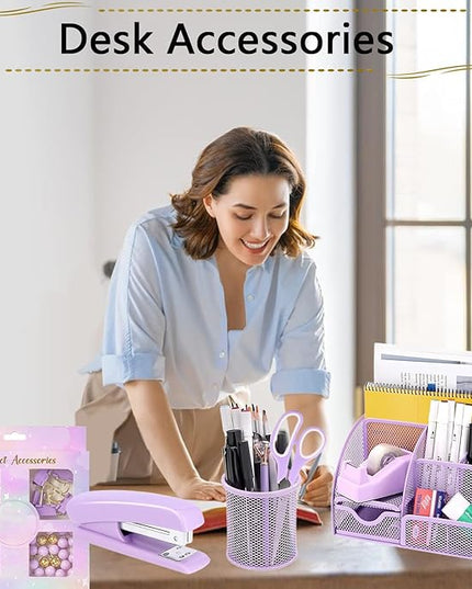 Office Supplies,Desk Accessories,Stapler and Tape Dispenser Set,1000 Staples,Staple Remover,Pen Holder,Folding Phone Holder,Journal Notebook,Ballpoint Pen,Scissor,Ruler,Clear Tape,Sticky Notes,Ect