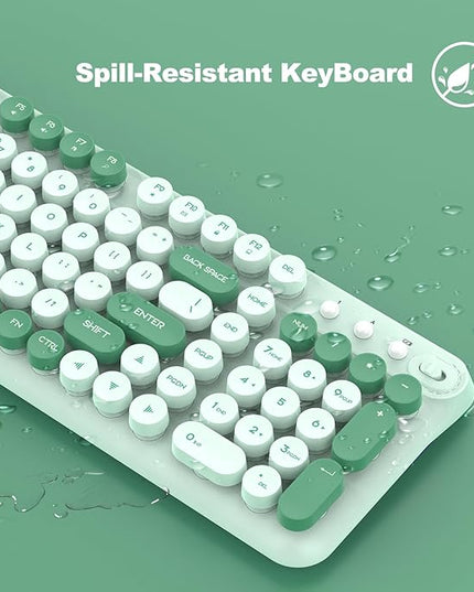 Wireless Keyboard and Mouse,Cute Retro Typewriter Computer Keyboard and Mouse Sets,Full Size 2.4G Cordless Colorful Round Keycaps Keyboard with Silent Mouse for PC Windows Laptop Office-Multi Green