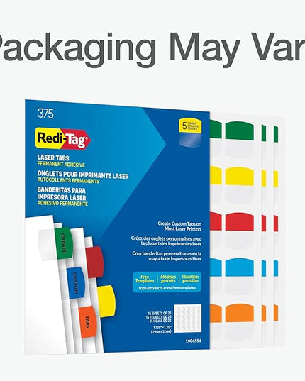 Redi-Tag Laser Printable Tabs, Permanent Index Tabs, Customizable Adhesive Labels, Assorted Primary Colors, 1.125" x 1.25", 375 Per Pack (1006556)