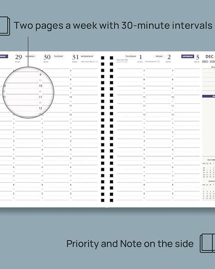 POPRUN 2026 Weekly Planner 30-Mintue (Medium 7'' x 8.5'') - From Jan 2026 to Dec 2026 - Two Pages Per Week Appointment Book with Monthly Tabs, Softcover, Inner Pocket, Pen Holder - Pink