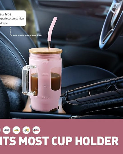 Glass Tumbler with Straw and Lid, 32 oz Glass Cup with Handle, Glass Water Bottles with Time Marker, 2 Straws - Pearl Straw & Drinking Straw Silicone Protective Sleeve-Pink