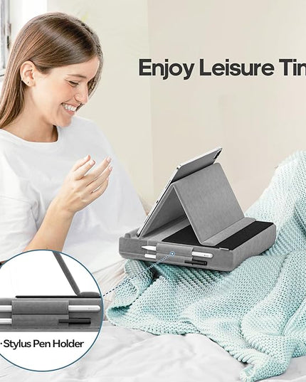 KDD Tablet Pillow Stand, Multi-Angle Viewing Ipad Holder for Lap, Bed and Desk, Foldable Soft Pad Dock with Stylus Mount Compatible with Ipad Pro 12.9, 10.5, 11, Air, Mini, Phones, Books, E-Reader