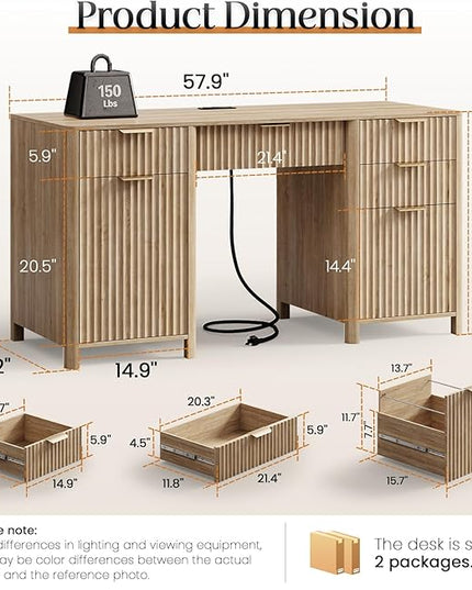 58" Fluted Home Office Desks with Storage, Modern Executive Desk Computer Desks with 5 Drawers & Cabinet, Wood Work Desk File Drawer for Office, Bedroom, Study, Living Room, Oak