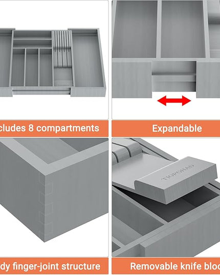 Bamboo-Silverware-Drawer-Organizer-Kitchen, Expandable Utensil Holder Cutlery Tray Flatware Organization Adjustable Wood Tableware Dividers Storage (with Removable Knife Block)(Grey)